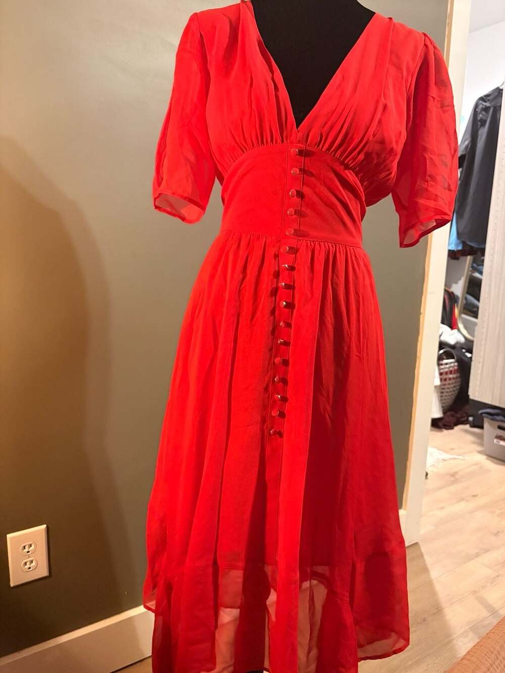 The Kooples Red Silk Muslin Midi Dress with Button-Down Detail